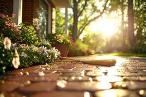 person sweeps front porch straw broom in warm glow of evening light. Colorful potted flowers and shrubs enhance peaceful atmosphere of setting photo