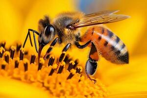 honeybee hovers near sunflower its wings in motion as it gathers pollen. vibrant yellow petals contrast beautifully clear blue sky above creating lively summer atmosphere photo