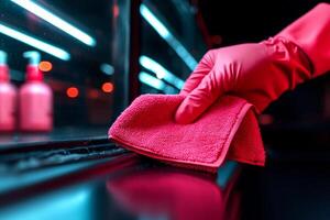 In well organized space person uses microfiber cloth wipe down mirror showcasing clean and tidy environment reflected in background photo