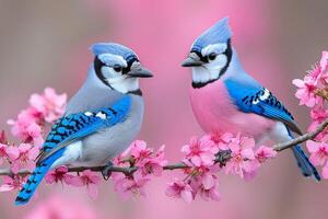 Two blue jays striking plumage are perched on branches of cherry tree adorned soft pink flowers in gentle light of early morning photo