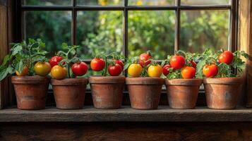 Small pots filled vibrant tomato plants showcase ripe red and yellow fruits. Sunlight floods bright windowsill highlighting lush greenery outside photo
