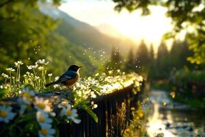 robin sits gracefully on rustic wooden garden fence. It fluffs its colorful feathers while surrounded vibrant wildflowers. soft morning mist adds serene atmosphere photo
