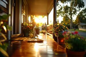 person is sweeping wooden front porch straw broom while enjoying warm evening sunlight. Colorful potted flowers and fresh shrubs create lovely outdoor atmosphere photo