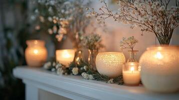 living room showcases spring themed mantelpiece adorned fresh greenery elegant vases filled flowers and softly flickering candles. golden hour light creates warm atmosphere photo