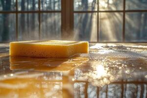 person wearing yellow rubber gloves is scrubbing kitchen counter. Sunlight filters through window illuminating sponge and spray bottle on surface creating warm atmosphere photo