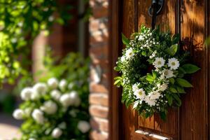 beautifully crafted wreath featuring fresh greenery and delicate white flowers is elegantly suspended on rustic wooden door photo