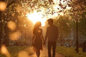 young couple walks hand in hand through park adorned blooming apple trees petals falling gently around them while golden hour light creates magical atmosphere photo