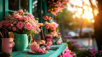 Craft table showcases vibrant spring decorations floral arrangements ribbons and crafting tools illuminated soft sunlight streaming through window photo
