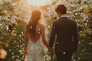 young couple strolls hand in hand through picturesque park filled blooming apple trees as petals fall around them. warm golden hour light creates magical atmosphere photo