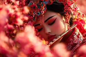 Blossoms frame musician as she plays her flute grace wearing vibrant traditional costume harmonizes serene spring environment photo