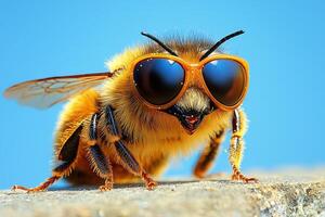 honeybee is captured in mid flight working diligently gather pollen from vibrant sunflower clear blue sky. contrast of yellow petals adds beauty scene photo