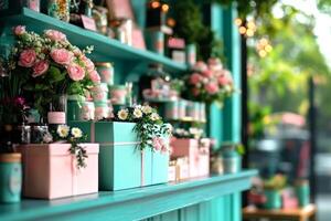 charming display of pastel gift boxes tied green ivy and adorned white daisies sits on wooden shelf. welcoming room radiates brightness creating delightful atmosphere photo