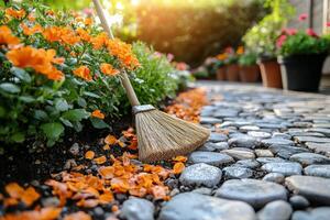 person is sweeping front porch straw broom. Vibrant potted flowers and freshly planted shrubs add color welcoming atmosphere during warm evening sunlight photo