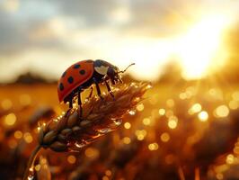 ladybug scales dew laden blade of grass sunlight glimmering on each droplet creating magical ambiance. intricate details are highlighted through macro photography photo