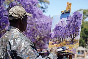 artist focuses intently on painting park filled blooming jacaranda trees. canvas displays vibrant purple hues reflecting beauty of nature during sunny day photo