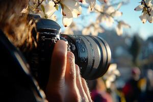 photographer is positioned capture stunning dogwood tree in full bloom. camera is framed vibrant white blossoms highlighting joy of spring and art of nature photography photo
