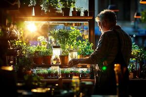 Sunlight streams through window as person carefully rearranges array of indoor plants on wooden windowsill. Soft shadows dance among greenery enhancing serene atmosphere photo