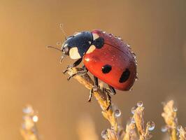 ladybug ascends blade of grass adorned tiny droplets of dew glistening in golden rays of sunlight creating magical atmosphere highlights beauty of nature photo