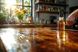 person is polishing wooden dining table furniture oil enhancing its shine. Fresh flowers are placed nearby and warm natural light floods space creating inviting atmosphere photo
