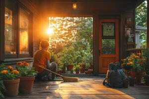 person sweeps front porch straw broom enjoying warm evening sunlight. Potted flowers and fresh shrubs create vibrant outdoor atmosphere photo