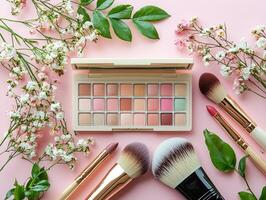 Top down view showcases beautifully arranged makeup palette surrounded brushes and lipsticks all set against soft pink background adorned flowers photo