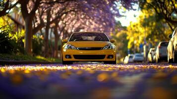 Purple jacaranda flowers cluster above peaceful suburban street sunlight casting warm glow as yellow car stands out amidst floral display creating serene atmosphere photo