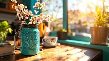 Bright spring morning light fills cozy corner small desk showcasing blooming cherry branches in vase alongside books and cup of tea creating serene atmosphere photo