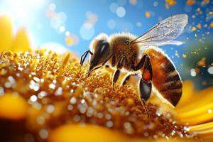 honeybee hovers near vibrant sunflower busy collecting pollen while tiny particles hover in air illuminated sunlight against bright blue sky photo