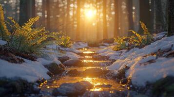 rocky forest trail showcases melting patches of snow small rivulets flowing amid lush ferns and emerging plants as soft sunlight filters through trees photo