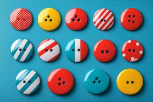 vibrant arrangement of various buttons and pins is neatly displayed from above. colorful designs showcase different patterns set against bright fabric background ideal for branding photo