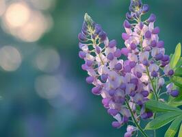 single branch of wisteria flowers showcases delicate lavender hues elegantly cascading downwards. backdrop features blurred greenery enhances floral beauty photo