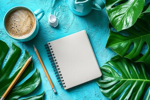 Top down view showcases blank notebook surrounded pencils coffee mug and simple green leaves on colorful textured surface creating creative workspace photo