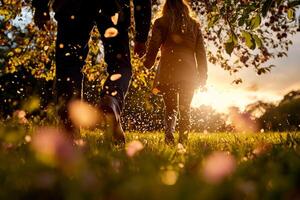 Young couple walks hand in hand through beautiful park filled blooming apple trees. Soft petals fall around them in warm golden hour light photo