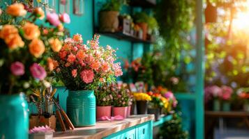 Spring decorations fill craft table colorful floral arrangements ribbons and tools all bathed in warm sunlight streaming through window. atmosphere is inviting and creative photo