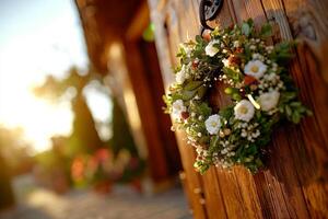 Fresh greenery and delicate white flowers form beautiful wreath elegantly suspended on rustic wooden door illuminated warm natural light photo
