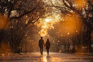 young couple is walking hand in hand through park filled blooming apple trees. Petals fall gently around them as warm golden hour light casts beautiful glow photo