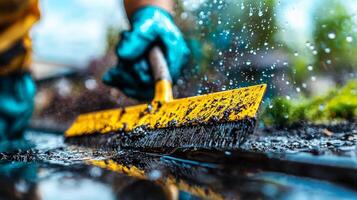 Washing window squeegee reveals clear view of garden beyond. Water droplets glisten on glass adding freshness of outdoor scene photo