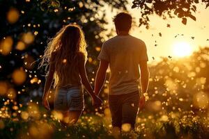 young couple walks hand in hand through park filled blooming apple trees. Petals fall gently around them as they enjoy warm golden hour light photo