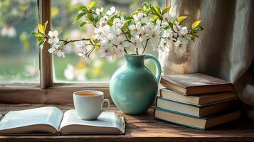 small desk in cozy corner features vase of cherry blossoms stacked books and steaming cup of tea. Soft morning light creates warm and inviting atmosphere photo