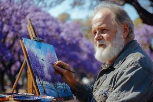 artist focuses on painting park filled blooming jacaranda trees using palette of colors. surrounding vibrant purple flowers create delightful atmosphere for creativity photo