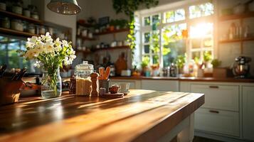 Warm sunlight floods minimalist modern kitchen highlighting centerpiece of white orchids. Green ivy cascades over counter creating serene and inviting atmosphere photo