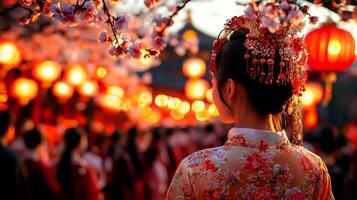 During vibrant spring festival in China dancers adorned in traditional costumes participate in colorful procession beneath blooming trees and illuminated lanterns photo