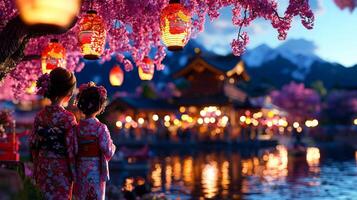 Visitors in colorful kimonos stroll through cherry blossom festival surrounded blooming pink trees and hanging lanterns creating picturesque atmosphere clear sky photo
