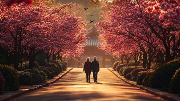 senior couple strolls arm in arm along tranquil park path lined blooming magnolia trees. Birds fly overhead enhancing peaceful atmosphere during sunset photo