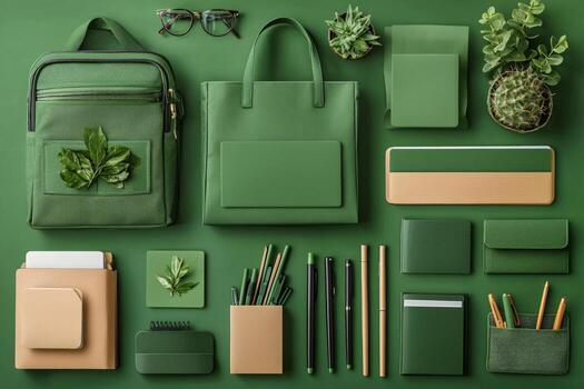 Display features top down view of eco friendly items including tote bags notepads and pens arranged neatly on vibrant green background creating fresh branding concept photo