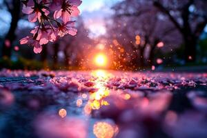 tranquil street lined sakura trees showcases soft pink petals scattered on ground. golden hour provides peaceful ambiance creating dreamy landscape photo