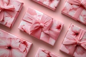 Set of floral patterned gift cards is elegantly arranged ribbons and bows on soft pastel pink background. professional flat design showcases vibrant colors and textures photo
