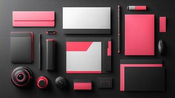 Showcasing branding package mockup includes business cards letterhead and envelopes arranged on modern black surface highlighting design and presentation photo