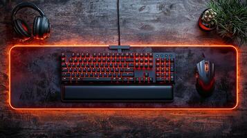 Wide shot features sleek gaming desk setup customizable LED lighting. scene includes mechanical keyboard gaming mouse and headphones arranged for immersive gaming experience photo