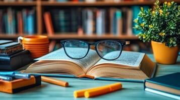 Brightly colored markers and highlighters are arranged among open book and glasses on light green desk creating organized workspace ideal for studying photo